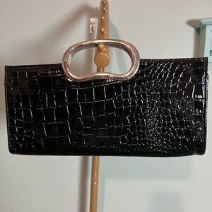 Giannini Black Crocodile-Embossed Clutch with Metallic Handle